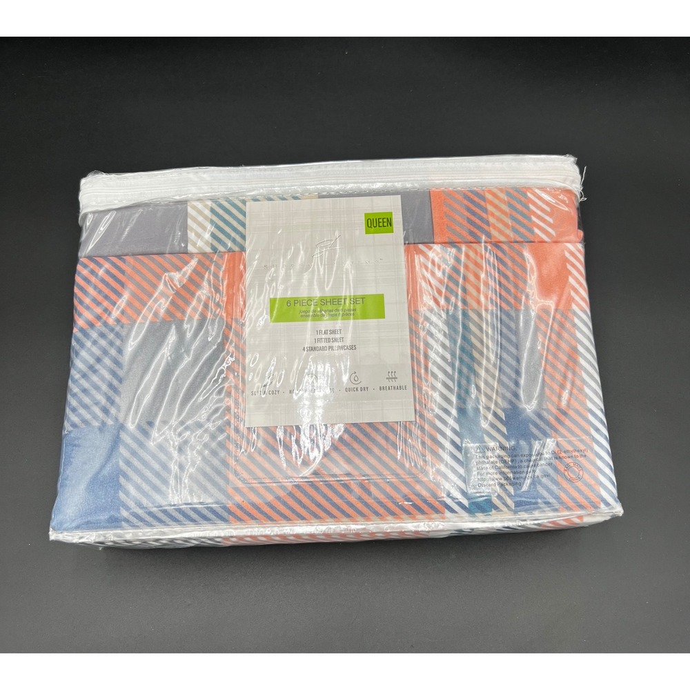 Supreme Living Queen 6 Piece Sheet Set Microfiber Plaid Blue Orange Grey 14in
